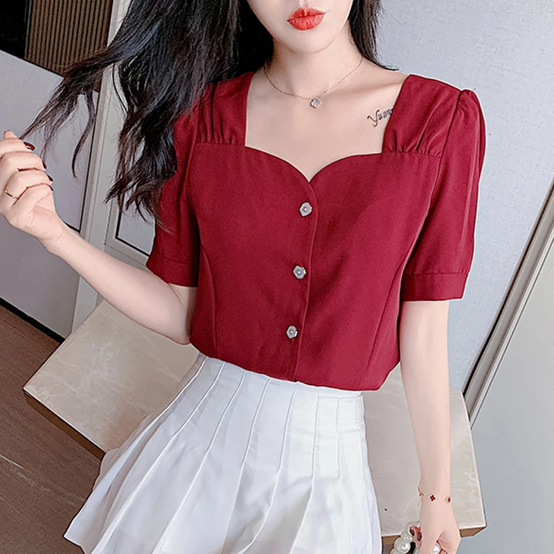 Blusas Лето 2021 женские рубашки топы блузки с коротким рукавом Милая шифоновая