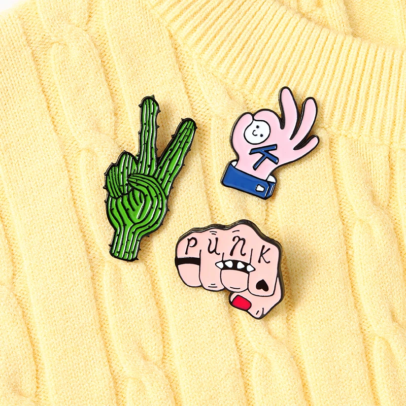

Custom Punk Gesture Sign Enamel Pins Victory Cactus OK Fist Brooches Bag Clothes Lapel Pins Badge Funny Jewelry Gift for Friends