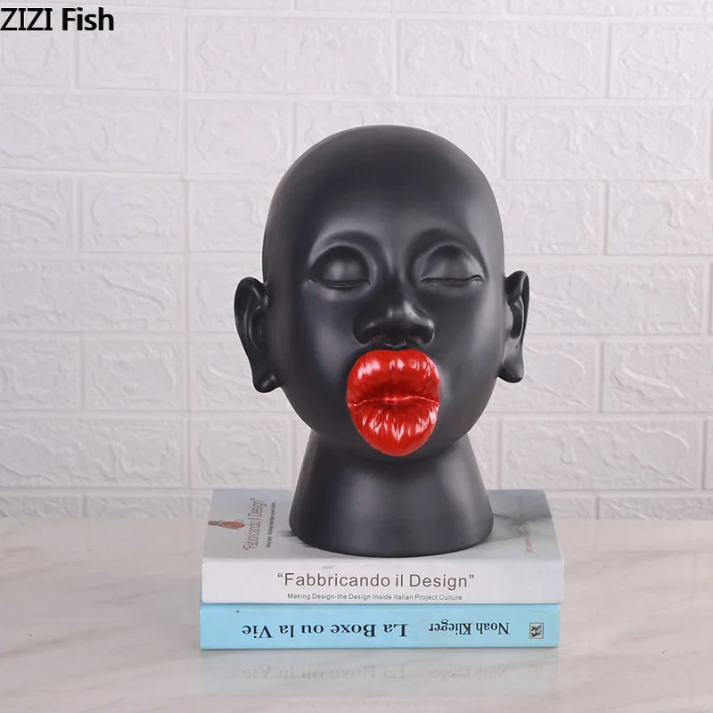 

Creative Resin Abstract Figure Sculpture Black Man Red Lips Portrait Bust Statue Crafts Ornaments Art Home Decoration Figurines