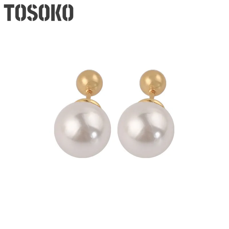 TOSOKO-pendientes de acero inoxidable para mujer, joyería de perlas pequeñas, doradas, elegantes, en ambas direcciones, BSF252