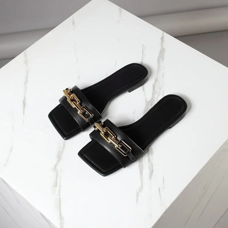

New Square Chain Fashion Sandals Women Summer Flat High Heels with The Same Color Cute All-match Slippers Fashion Women's Shoes