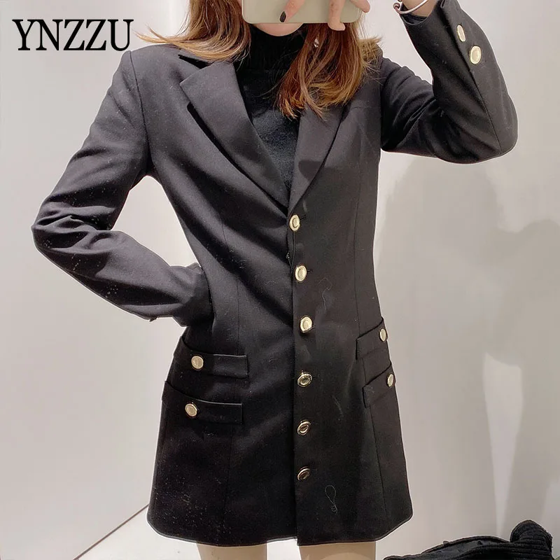 

Office ladies Notched Black Women Spring New Black Fashion Long sleeve buttons Mini dress Blazer Autumn Slim Jacket YNZZU 1D004