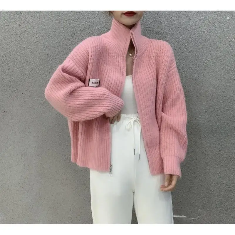 

Standing collar autumn and winter new padded zipper sweater coat women loose short solid color cardigan tide