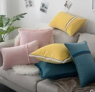

Velvet pillowcase Solid color pillowcase Line tassel lace inlaid pillowcase