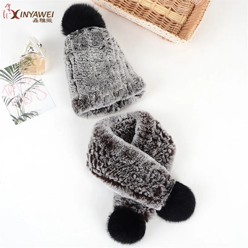 2019 Winter Autumn Children Sets Of Genuine Rex Rabbit Fur Knitted Scarf With Hat Fur Boy Pashmina Scarves Wraps.