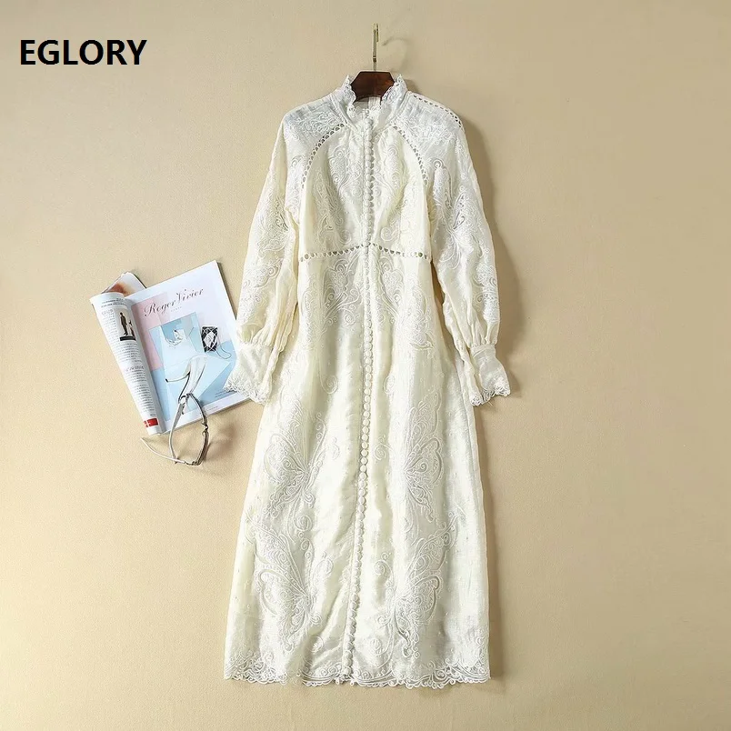 

Hollow Out Embroidery Dresses 2019 Autumn Party Vestidos Special Occasion Women Tunic Buttons Up Long Sleeve Vintage Retro Dress