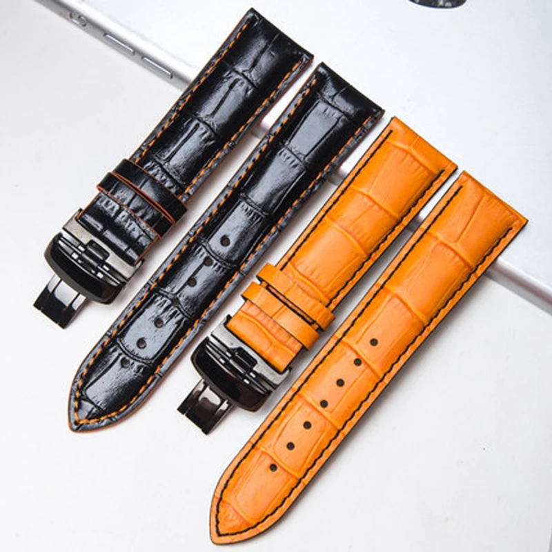 Genuine Leather Watch Strap Black Orange Thread Butterfly Button Replacement Belt for Mido M005 Strap Men 22mm 23mm Watch Band