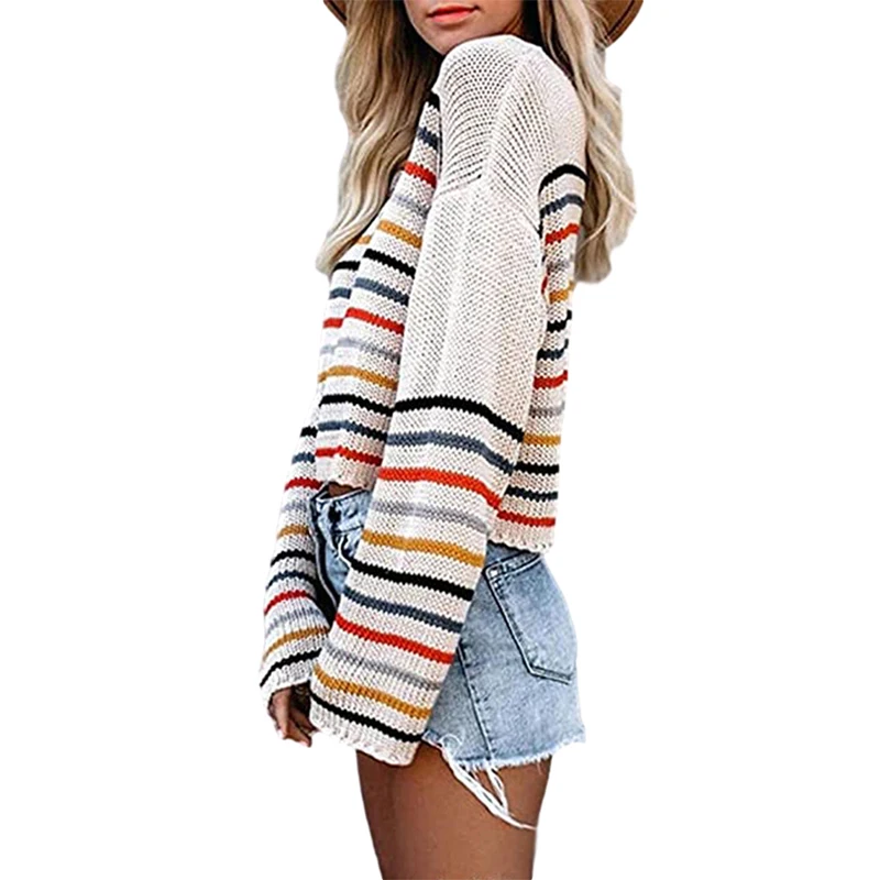 

Women Sweater Elegant Fashion Full Length Flare Sleeve Striped Printed Pullover Acrylic Elegant Fashion Loose Sweater