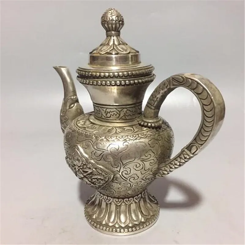 Китайская бронзовая резьба тибетский серебряный чайник с драконом статуя