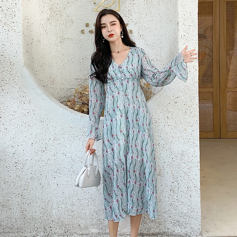 Женское шифоновое платье с V-образным вырезом и цветочным принтом | Женская