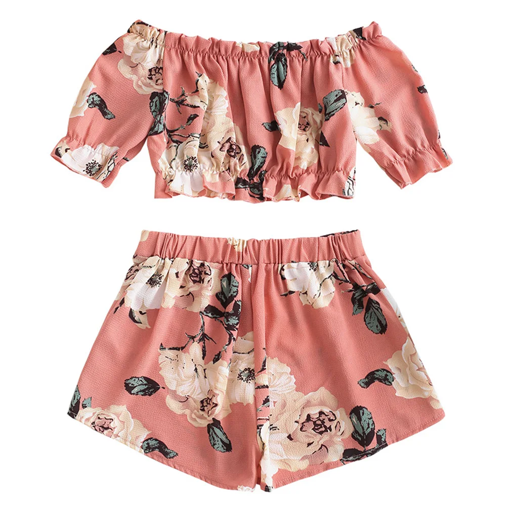 Укороченный цветочный Комплект из двух предметов с открытыми плечами женский