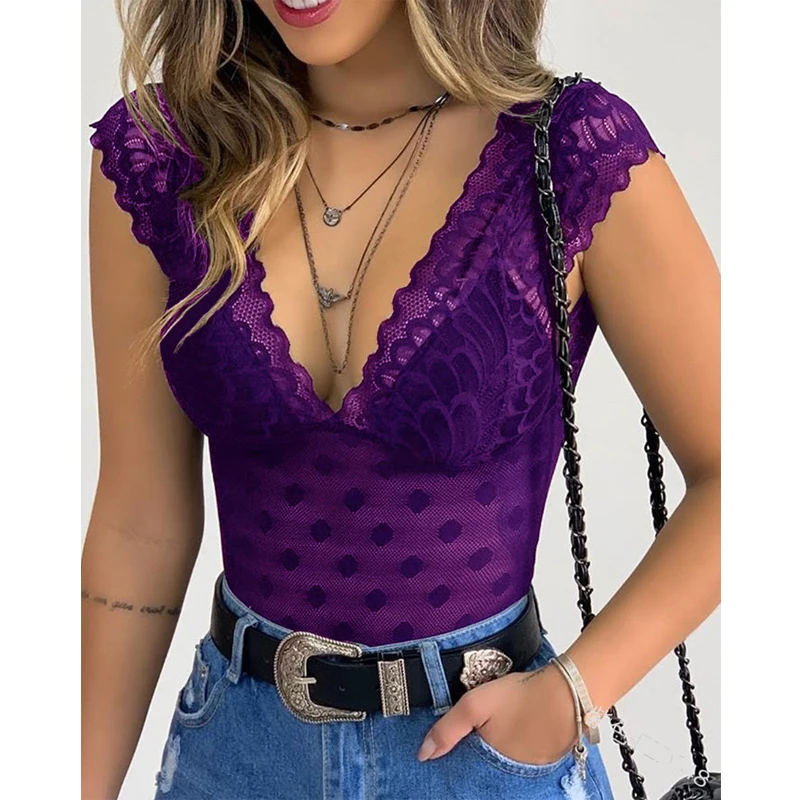 

Blouse Women Elegant Sleeveless Shirts 2021 Summer Sexy Deep V-Neck Lace Tank Top Solid Color Slim Fit Women Shirts Blouses