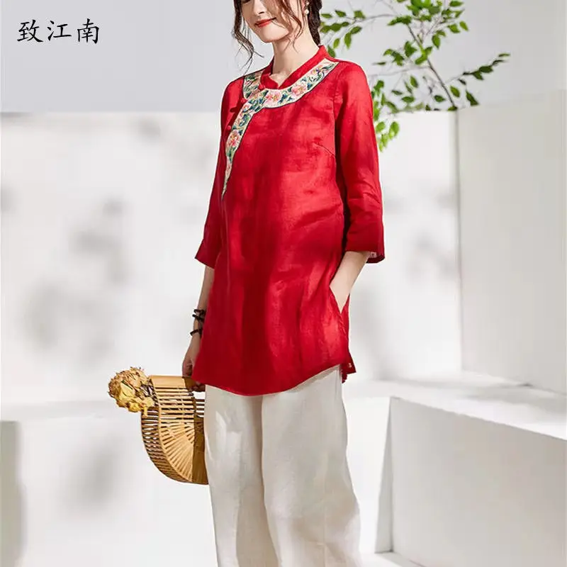 

Embroidery summer new vintage cotton hemp coil button embroidered Chinese style top loose