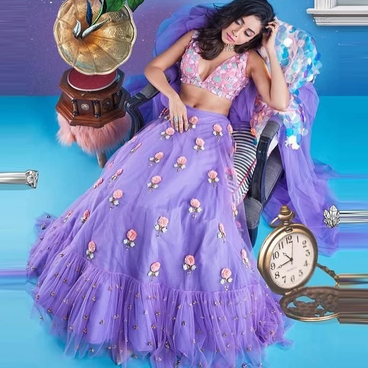 

Light Purple Layered Puffy Tulle Ball Gown High Waist Applique Beaded Flowers Ruffle Skirts Floor Length Long Mesh Skirt