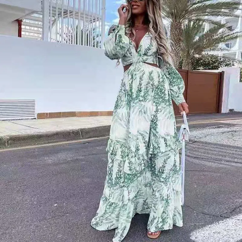 

Tie-Dye Sexy Deep V-Neck Hollow Out Women's Dress Ruffle Elegant Long Sleeve A-line Maxi Dresses Women Summer Beach Lady Clothes