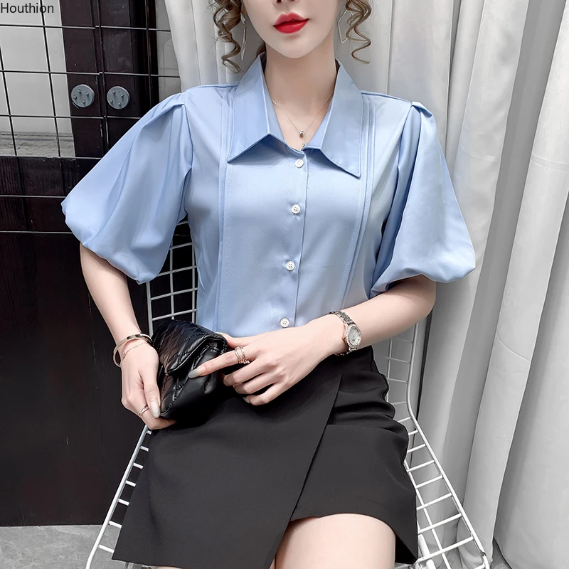 

Women's Blouses Short Sleeve Tops Fashion Top Doll Collar Shirts Casual Blouses Solid Color Shirt Chiffon Loose Summer Houthion
