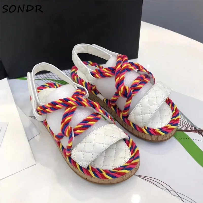 

Fashion Women Rope Cross-tied Sandals 2021 Luxury Designer Genuine Leather Platform Shoes Woman Summer Beach Outdoor Slippers