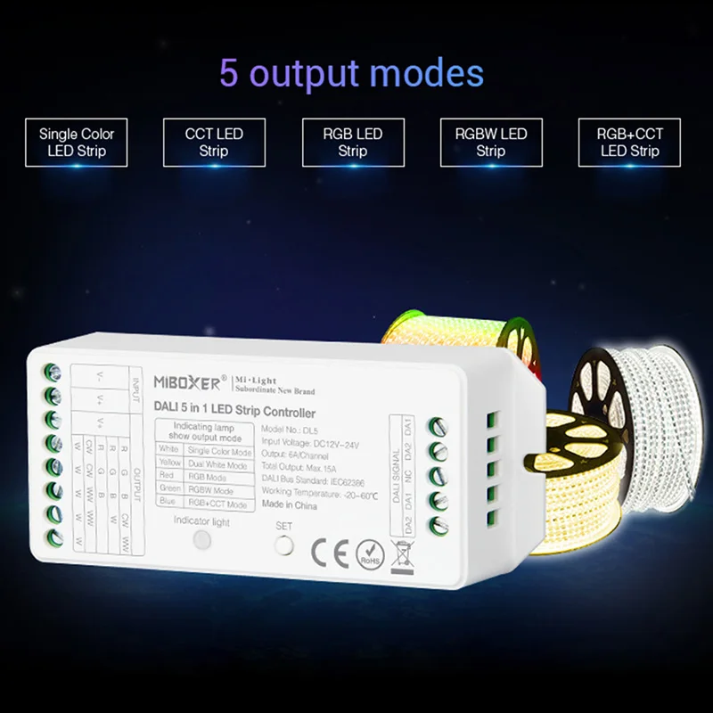 MiBOXER DALI 5 в 1 контроллер светодиодной ленты DL5 15A Одноцветный/CCT/RGB/RGBW/RGB + CCT диммер