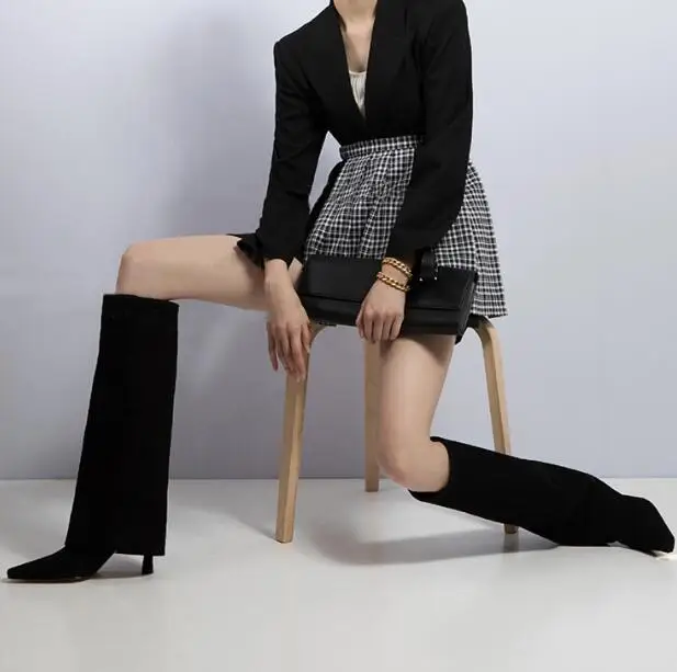 Fashion Woman Black Khaki Solid Color Suede Fold Knee High Frosted Trouser Boots Female Square Toe Tube Slip On Slim Long Botas