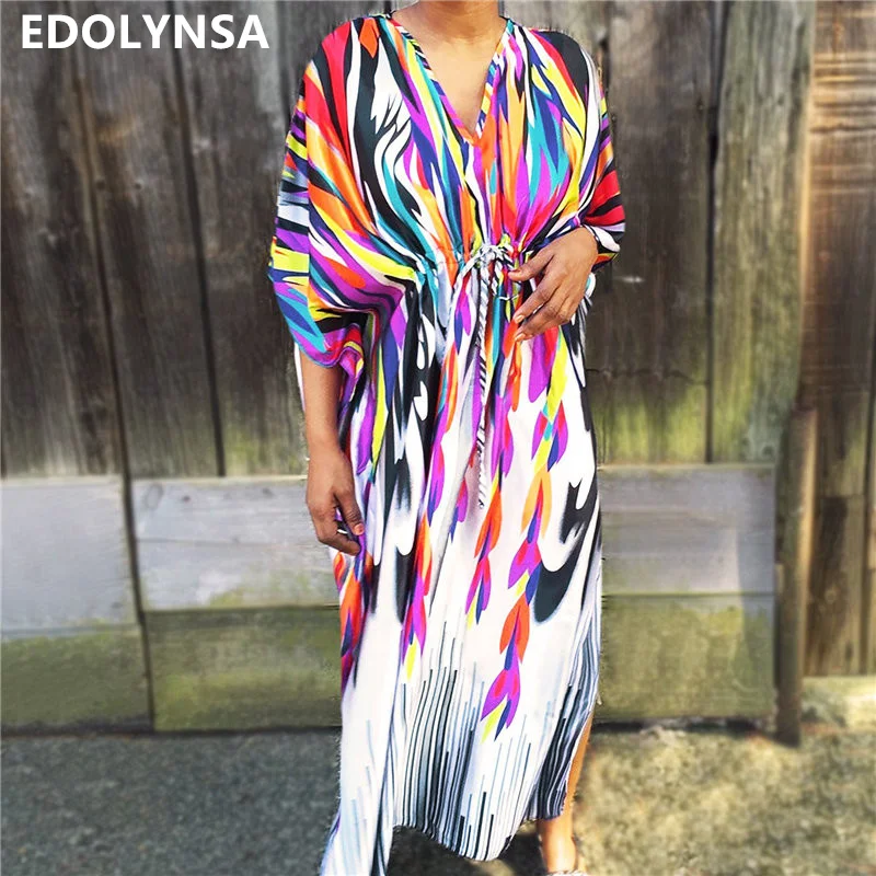 Разноцветная хлопковая туника женское летнее пляжное платье кафтан