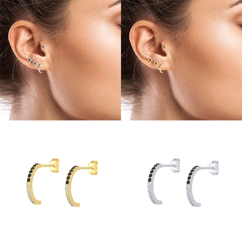 

GS 925 Sterling Silver Black White Zircon CZ Three Layer Stud Earrings For Women Geometric Opening Circle Ear Studs Jewelry