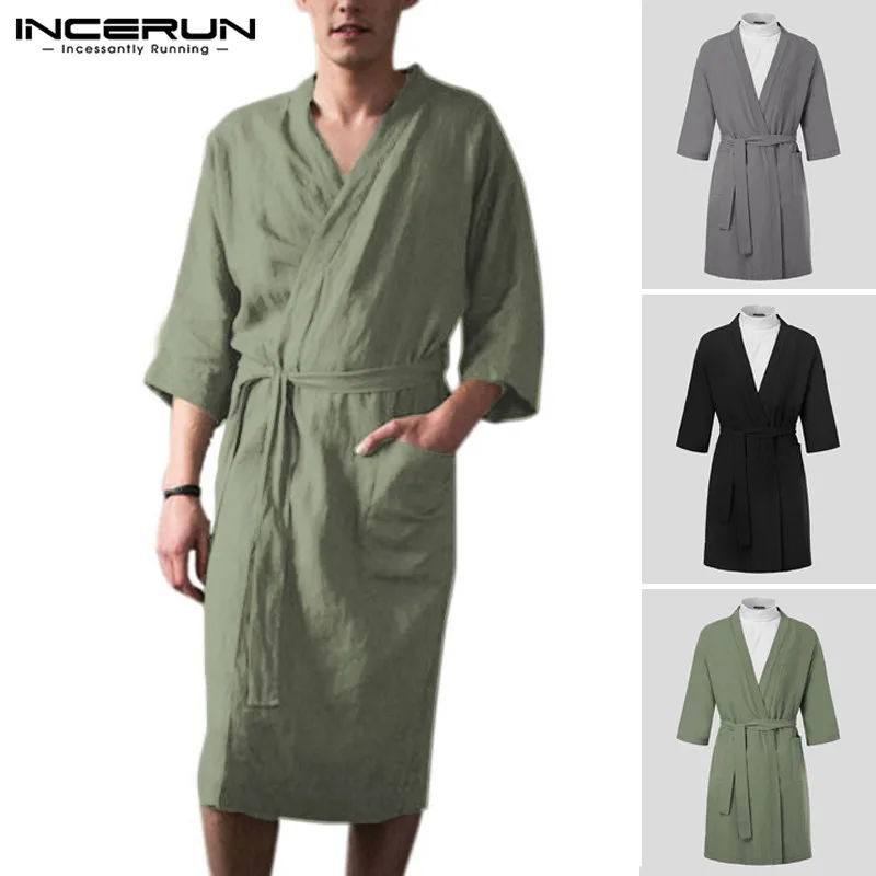 

INCERUN 2021 Men Robes Homewear Cotton Linen Lacing V Neck 3/4 Sleeve Vintage Kimono Bathrobes Pockets Sleepwear Mens Nightgown