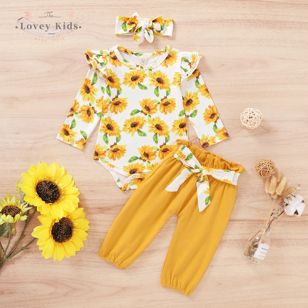 

2020 Autumn Toddler Baby Girl Outfit 3PCS Long Sleeve Ruffle Leopard Sunflower Print Top Bodysuit Pants Headwear Headband