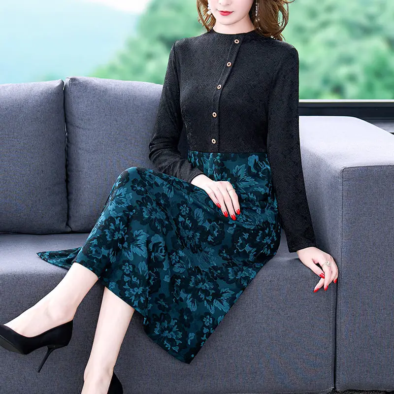 

Женское трикотажное жаккардовое платье, Элегантное трикотажное платье с цветочным принтом, весна-осень 2022