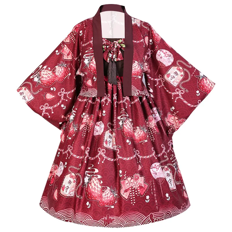 

Lolita Strawberry Flower Dress Harujuku Sweet Girl's Cute Jsk Lolita Dress Set Top Shirt Kimono Style Outfit Kawaii Japanese Cos