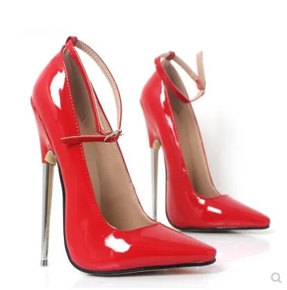 Red Shiny Женские туфли-лодочки на высоком каблуке 7 дюймов туфли с пряжкой на шпильке с острым носком и ремешком на щиколотке 18 см туфли для танцев на тонком металлическом каблуке красного цвета - Цвет: Red Shiny