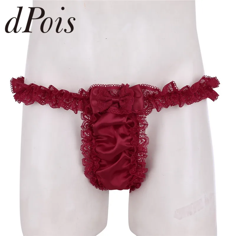 Sissy men s гофрированные Цветочные кружевные оборки трусики мягкие блестящие атласные трусики-танга изысканное нижнее белье сексуальное мужское нижнее белье бикини трусы