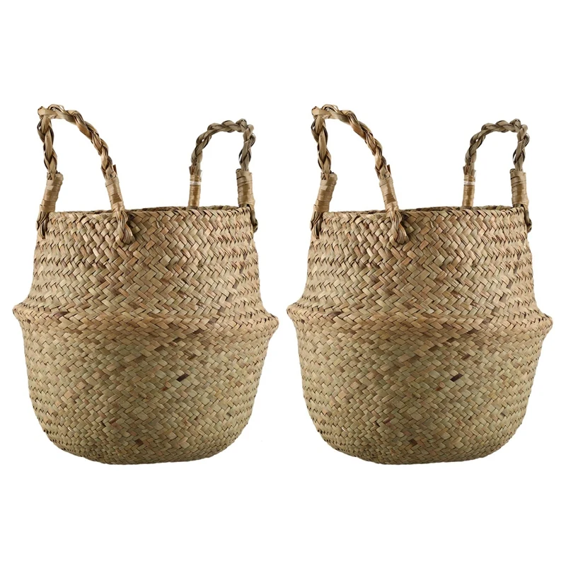 

2X Seagrass Wickerwork Basket Rattan Foldable Hanging Flower Pot Planter Woven Dirty Laundry Hamper Home Decor Size S