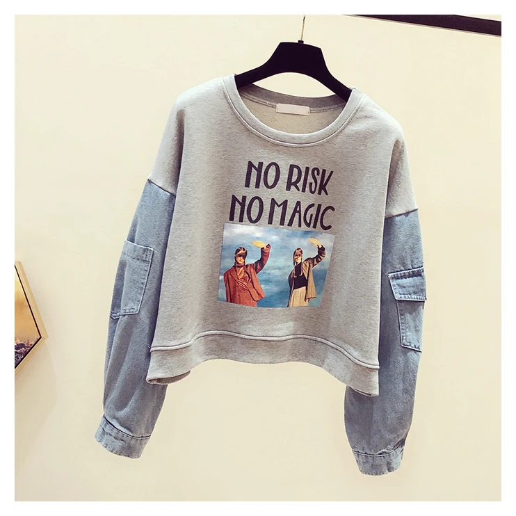 

Denim stitching letter printing pullover sweater autumn new Korean loose student shirt