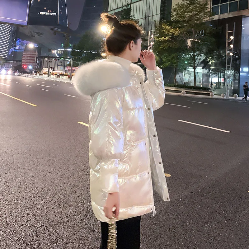 Winter Women White Duck Down Thick Jacket Pockets Large Natural Raccoon Fur Hooded Coats Warm Sleeve Loose Parkas H120502 | Женская