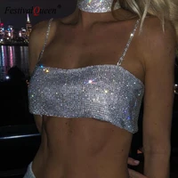 2021 summer shiny crystal chain tank top silver metal mesh halter metallic strap crop tops vest party clubwear outfits