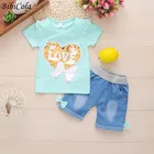 BibiColaкомплекты для девочек новые летние хлопковые детские шорты с короткими рукавами + джинсовые шорты Комплект для малышей из 2 предметов модная От 1 до 4 лет Одежда для новорожденных акция