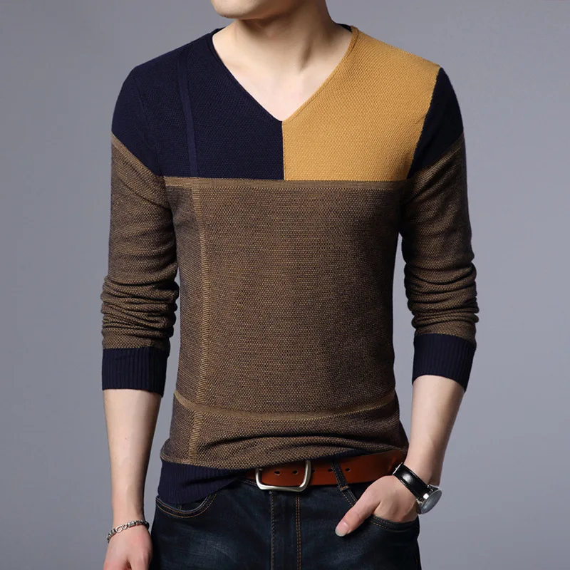

New men's sweater fashion casual V-neck color matching Pullover bottomed sweater men clothing sweater