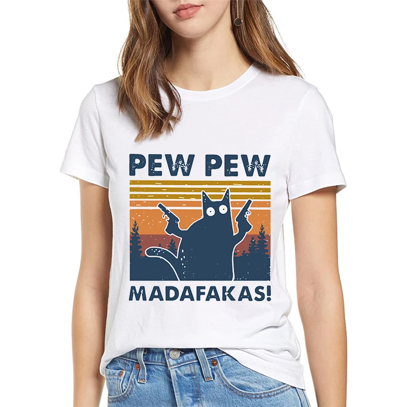 Черная кошка Pew Madafakas забавная гангстер с пистолетом футболка топы на Хэллоуин Femme
