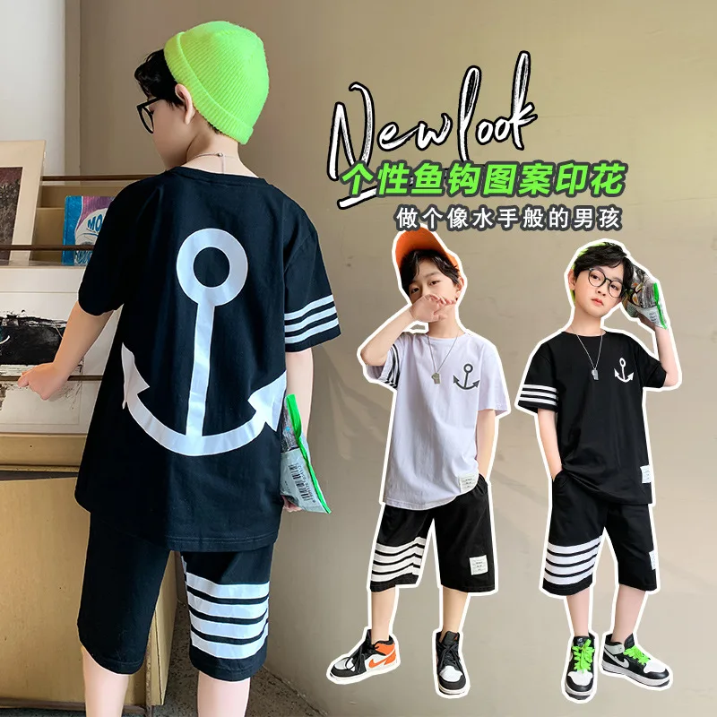 

Kids boys summer casual short-sleeved striped suit T-shirt + Shorts 2pcs sets of new big virgin suit 4-12 years old