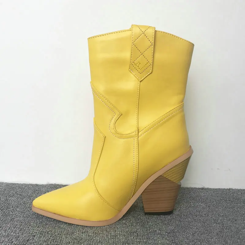 Yellow PU Ботильоны; женские зимние ботинки; женские ковбойские ботинки на танкетке и высоком каблуке; Женские ботинки в западном стиле; цвет желтый, белый, Леопардовый, розовый, синий - Цвет: Yellow PU