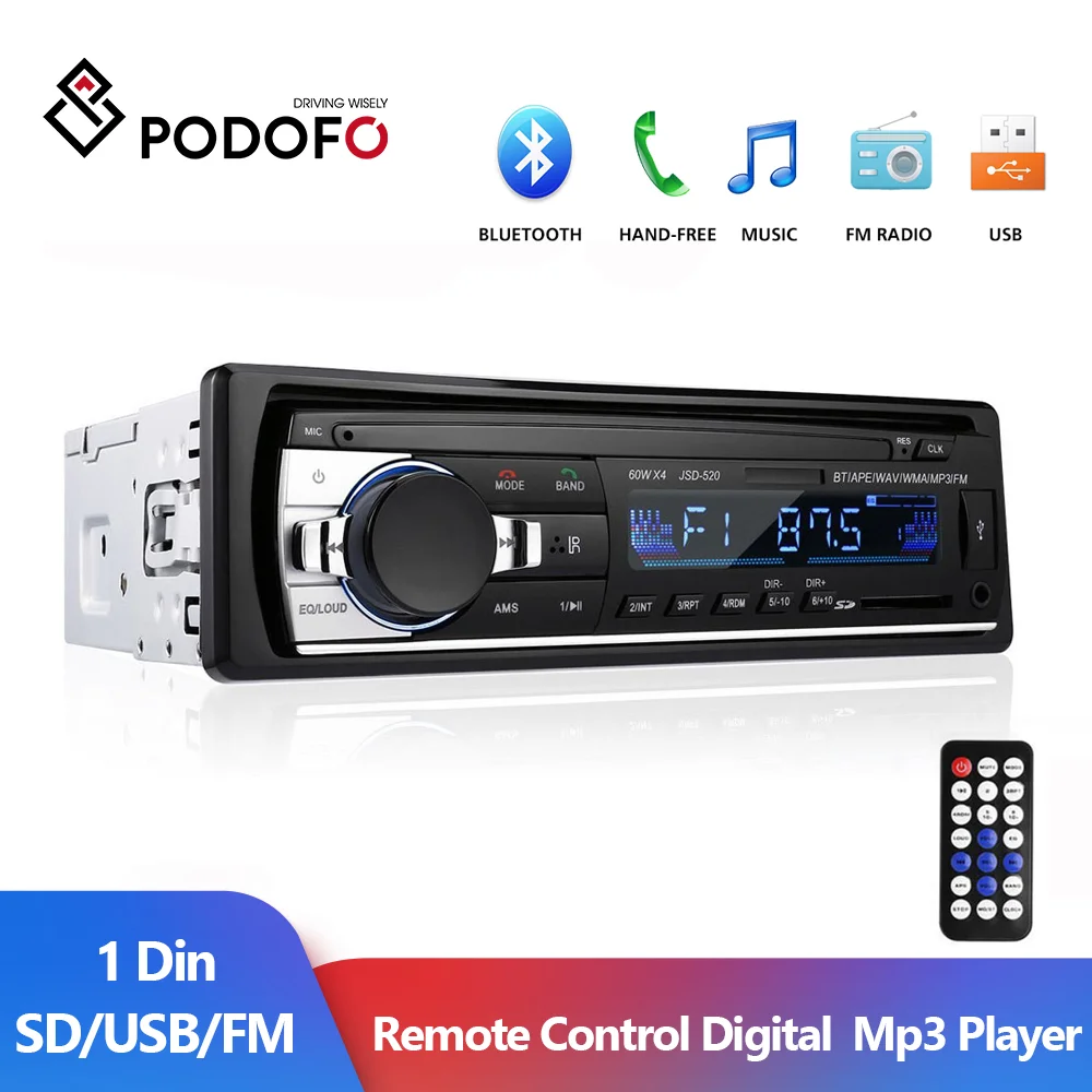 Podofo 1Din Bluetooth автомобильное радио 1din FM TF автомобильный стерео приемник USB SD MP3