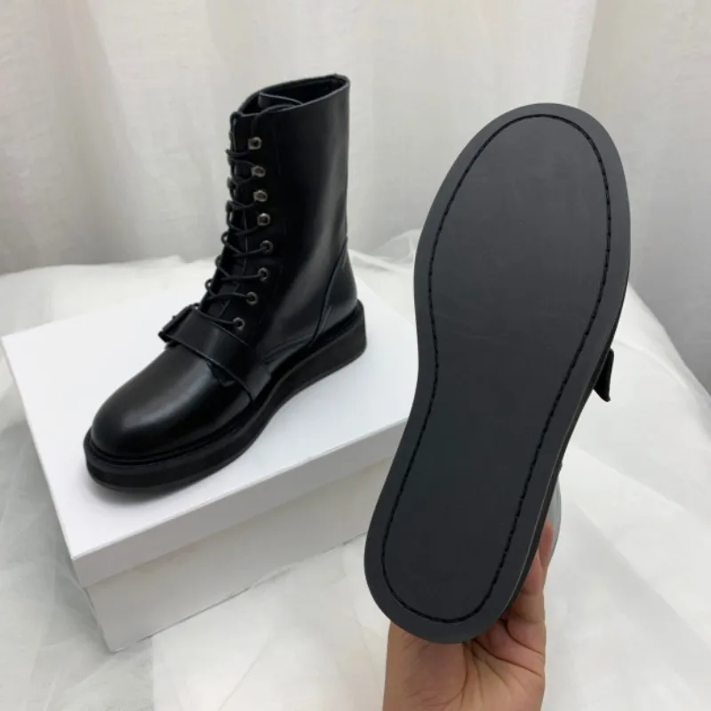 

Winter New Women Lace Up Biker Boots Real Leather Military Ankle Boots Round Toe Vintage Flat Knight Boots Chaussures Femme