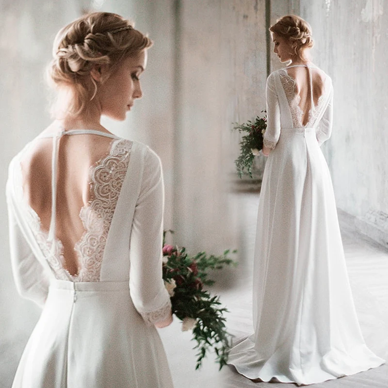 Мягкое атласное простое свадебное платье с длинным рукавом женское цена по