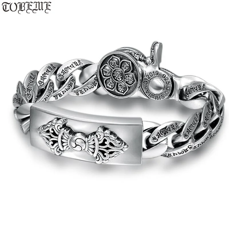 

100% 925 Silver Bracelet Tibetan Six Words Proverb Bracelet Vintage Buddhist Vajra Dorje Symbols Good Luck Man Bracelet