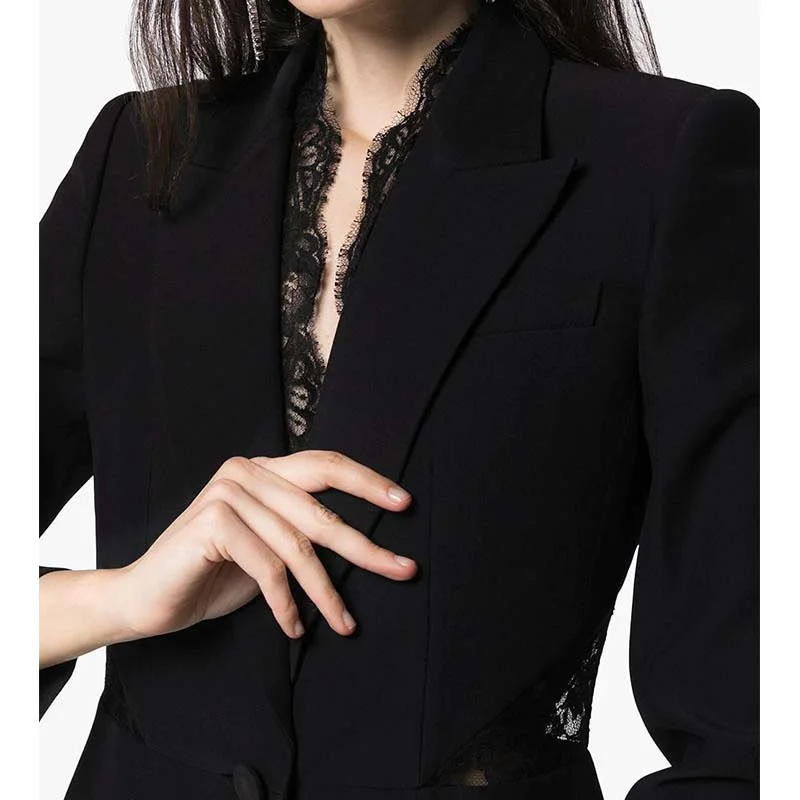 

Cosmicchic 2021 Women Runway Design Blazer Lace Hollow Elegant Slim Blazers Women Jackets Black White Work Office Female Coat