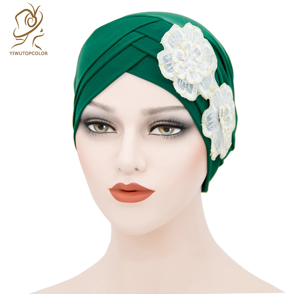 

2021 Fashion Ladies Forehead Cross Plum Blossom Hat Beanie Elastic Soft Top Hat Adult Women Milk Silk Flower Cap Muslim Turban