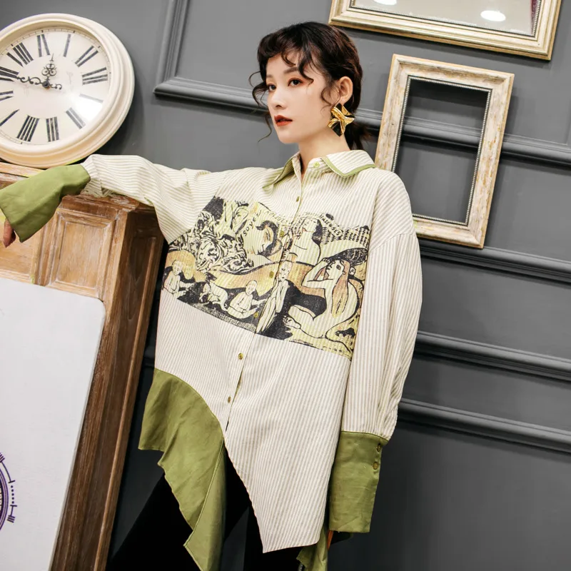 Женская асимметричная рубашка LANMREM повседневная контрастных цветов с длинными