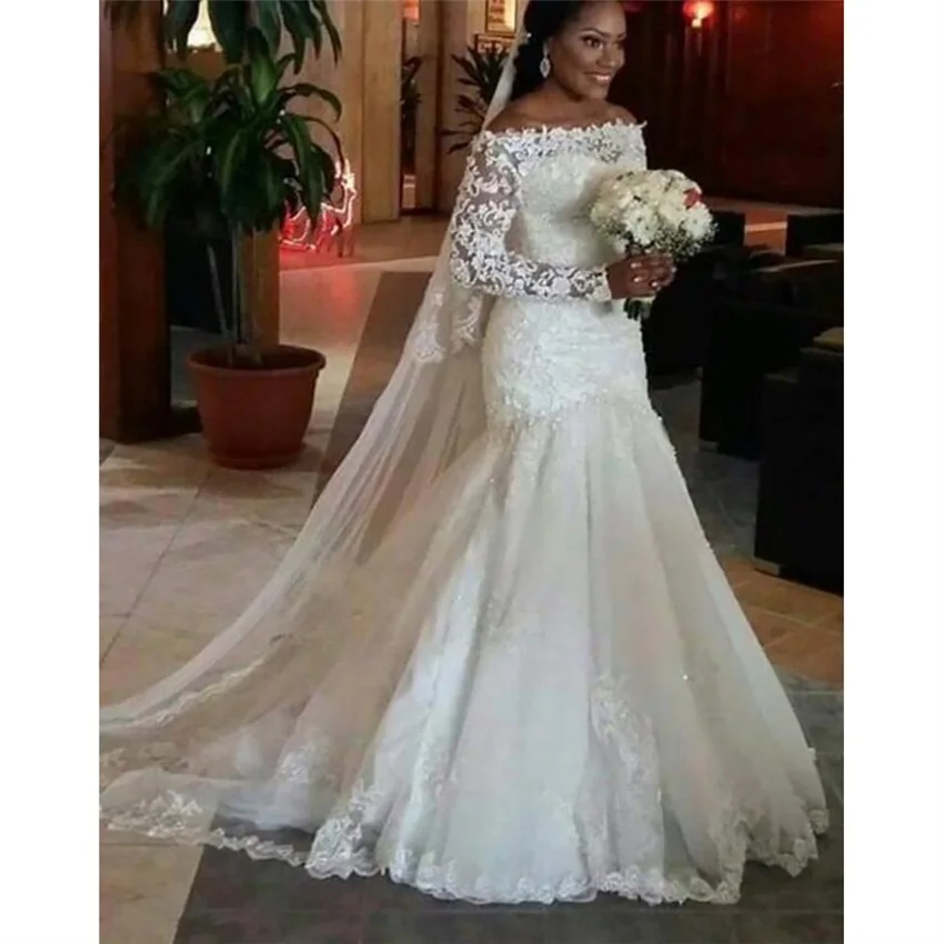 

ANGELSBRIDEP Long Sleeves Mermaid Wedding Dresses Dubai African Bridal Gowns Charming Boat-Neck Court Train Formal Bride Dress