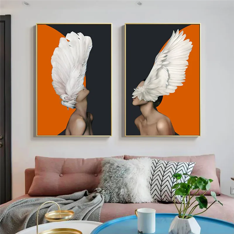 

Modern Fashion Flower Feather Woman Canvas Painting Abstract Figure Wall Art Print Poster Picture for Living Room Home Decor