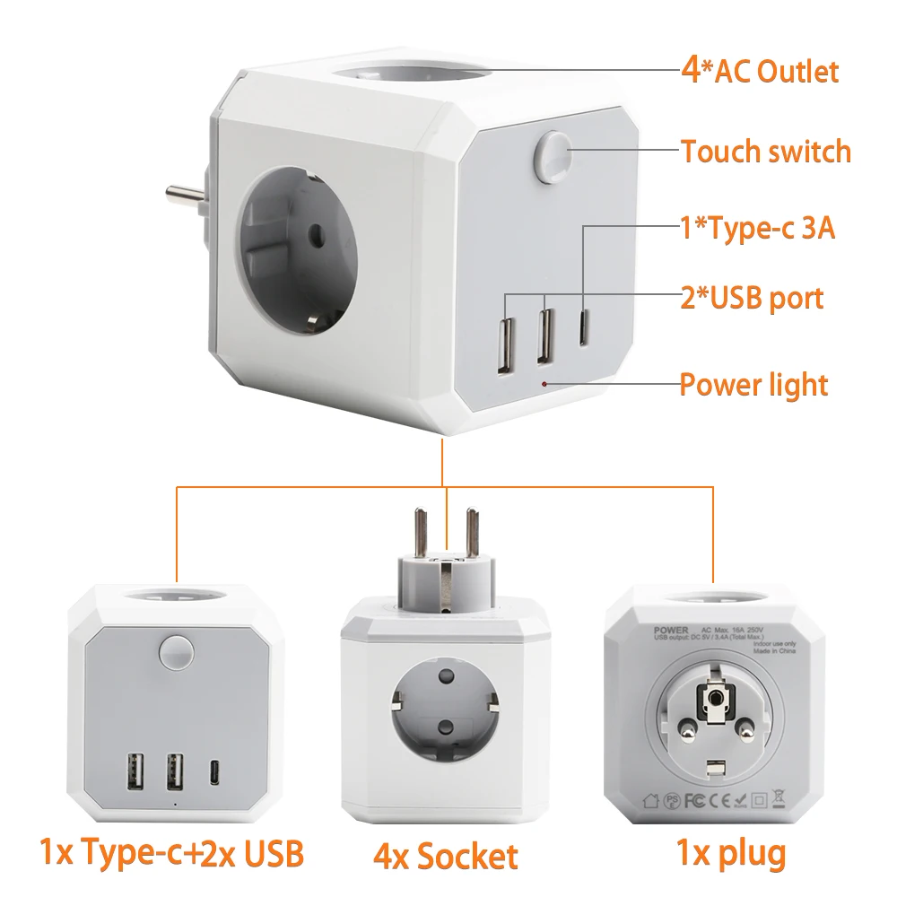 16A EU Plug Power Strip with Switch On/Off 1 TO 4 AC Outlets 3 USB Charging Ports Portable Multi Socket Adapter |